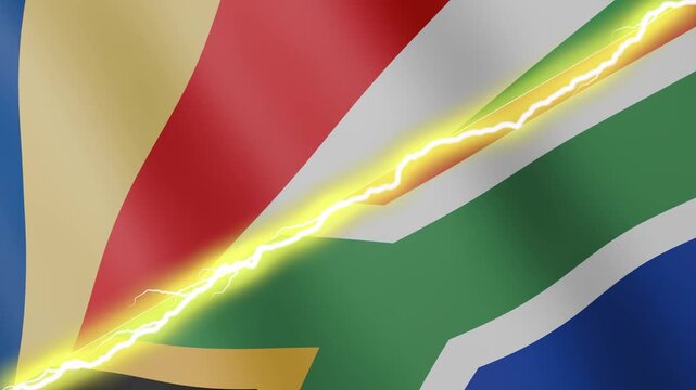 Two waving flags Seychelles and South Africa with diagonal lightning seamless, 4k loop