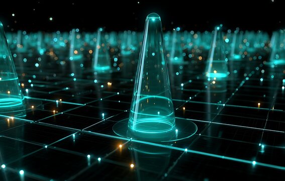 Teal glowing bell curve hologram cone rising from a digital grid, data science and statistics concept