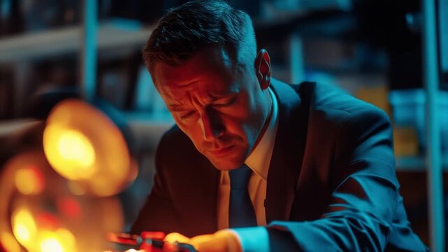 Intense Focus in a Dark Environment: A Man in a Suit Working with Tools Under Dim Lighting for Precise Repairs and Investigations. Generative AI