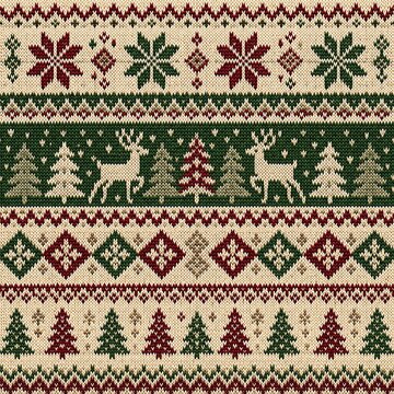 Seamless knitted Fair Isle pattern with festive reindeer, Christmas trees, and snowflakes on a cozy wool texture for traditional holiday party sweater designs.