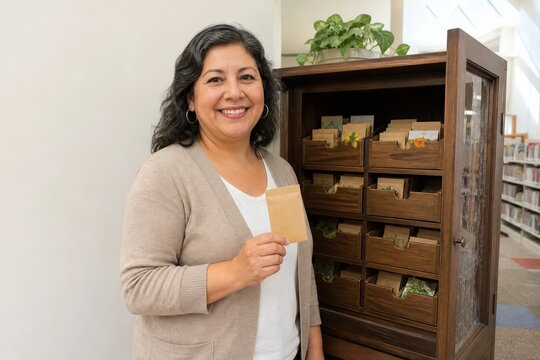Community Seed Library Hispanic Librarian Welcoming Visitors to