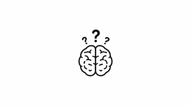 Six thinking brain line icons with question marks on white background