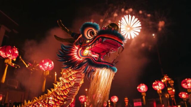 Vivid Dragon Dance Celebrations with Fireworks and Lanterns Creating a Festive Atmosphere for Cultural Experience and Celebration of Heritage. Generative AI