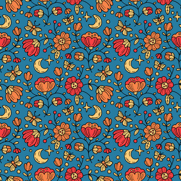 Hand-drawn fineliner whimsical seamless pattern with magical flowers, crescent moon, stars, and moths on blue background. Vibrant fantasy line art style, perfect for textiles, apparel, wrapping paper.