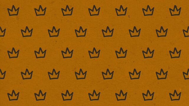 Seamless pattern with hand drawn golden crown icons on a warm brown background.