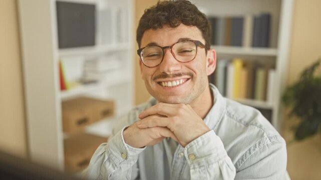 Young man with glasses smiles, hands clasped under chin beside a bookshelf in a cozy home office; contentment productivity.