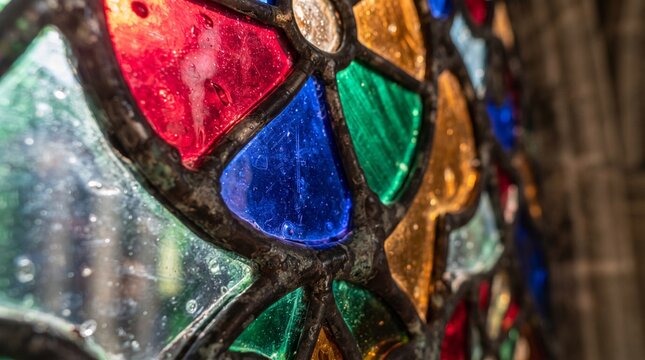 Macro view of colorful vintage stained glass window panel with leads and light filtering through