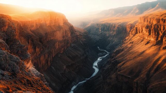 Breathtaking Sunrise Over Majestic Canyon with River Flowing through Stunning Landscape. Capture the Beauty of Nature and Adventure in Every Frame. Generative AI
