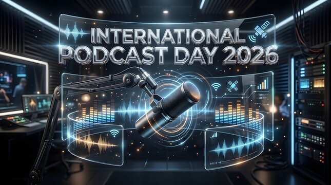 International Podcast Day 2026 futuristic interface microphone setup