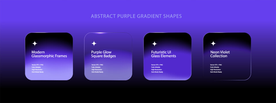 Glass neon effect frames with shining edges and highlights. Purple violet geometric square shapes. Website and user interface UI UX design. Vector illustration