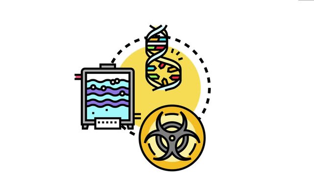 Bioengineering concept depicting a dna helix, a bioreactor or fermentor containing liquid with bubbles, and a biohazard warning symbol, representing genetic research and biotechnology