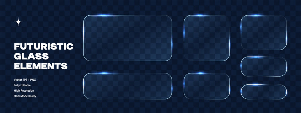 Glass neon effect frames with shining edges and highlights. Blue geometric square and rectangle shapes. Website and user interface UI UX design. Vector illustration on transparent background