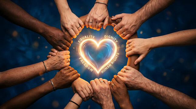 Diverse hands forming heart shape symbolizing unity and global teamwork collaboration