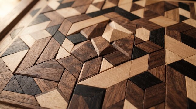 Close up of intricate geometric wooden parquet panel featuring dark and light wood marquetry pattern