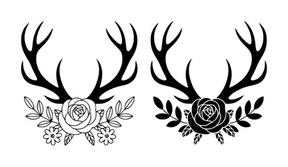 Naklejka premium Set of two decorative deer antlers with floral rose accents in black and white style