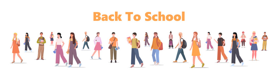 Fototapeta premium Back to school. Group of students carrying books and backpacks. Welcome Back to school. Education, learning, youth, and academic start concept. Vector not AI generated.