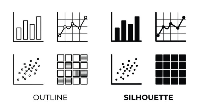 Chart Icons: A collection of graphic icons representing various chart types, including bar graphs, line graphs, scatter plots, and matrix grids, presented in both outline and silhouette styles.