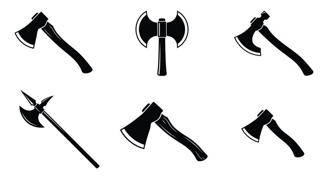 Collection of black silhouette battle axes on a white background