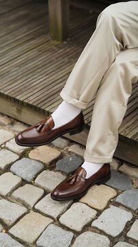 Man wearing brown leather loafers with white socks and beige trousers sitting on cobblestone pavement outdoors