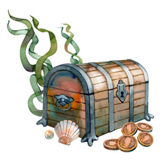 Watercolor pirate treasure chest with seaweed shell coins and pearl sea adventure illustration © Natali_Mias