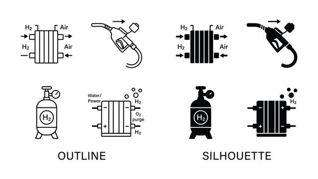 Hydrogen Energy Icons: A collection of outline and silhouette icons representing hydrogen fuel cell technology, including a fuel cell stack, a hydrogen storage tank, and a refueling nozzle.