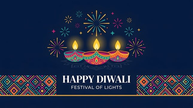 Happy diwali festival of lights greeting card with colorful diya lamps and fireworks on a dark blue background