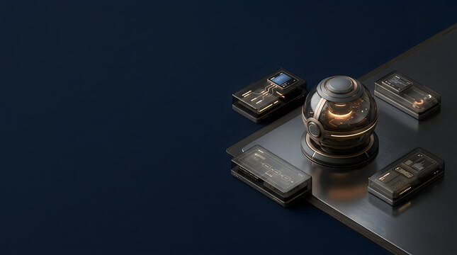Futuristic server data storage unit isolated on dark blue. High tech technology concept. Modern digital hard drive server rack hardware. AI, Technology, AGI