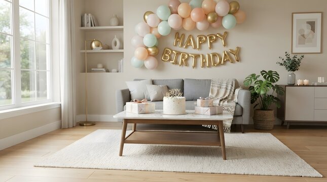 Living room decorated for a birthday celebration with pastel balloons and a cake on a coffee table
