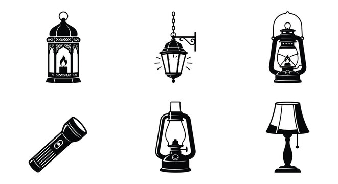 Collection of black silhouette lanterns oil lamp and flashlight on white