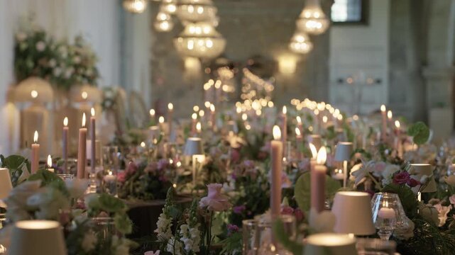 Elegant wedding banquet table glowing with blush flowers glassware and shaded lights