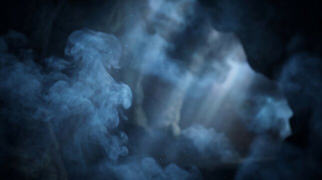 Mysterious blue smoke in dark cave, ethereal light rays through cavern fog, cinematic misty grotto background with dramatic shadows