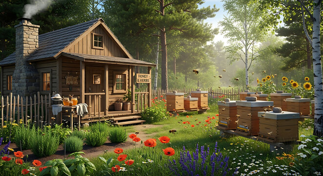 wooden cabin in forest with beehives and apiary