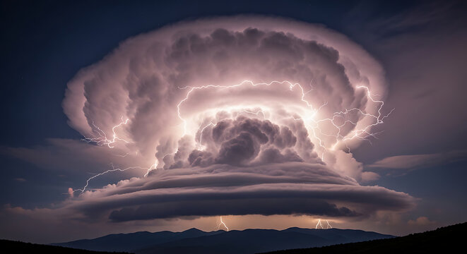 Lightning Flashing Inside a Massive Cumulonimbus Cloud Over Mountains