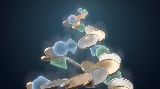 Elegant rising metallic coin spiral expanding upward against dark gradient background representing compound interest financial growth investment savings and exponential wealth accumulation concept