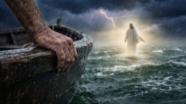 A fisherman's hand grips the edge of a wet wooden boat as Jesus Christ walks on water during a storm on the Sea of Galilee.