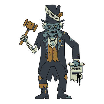 Vector illustration of a tattered zombie governor, gavel in hand, holding a blood-stained 'VOTES' scroll, embodying political corruption and a decaying system of governance