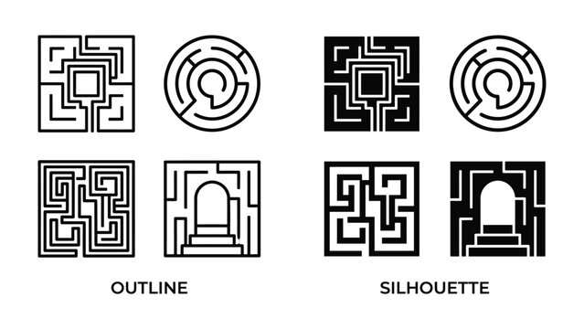Maze Icons: A collection of maze graphics in both outline and silhouette styles, showcasing intricate pathways and potential solutions, representing challenge and decision-making.