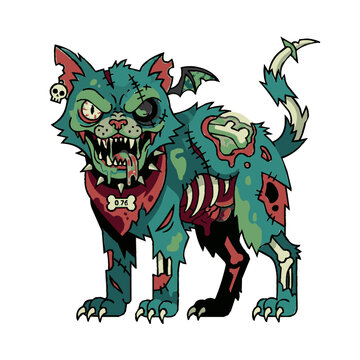 Creepy undead cat illustration featuring a spooky zombie creature with exposed bones and a bat wing for Halloween themes