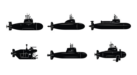 Fototapeta premium Black submarine silhouettes arranged on a white background vector illustration