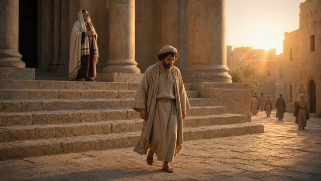 Biblical scene showing humble tax collector leaving the temple while a proud Pharisee prays on the steps, illustrating repentance, humility, faith, and spiritual justice