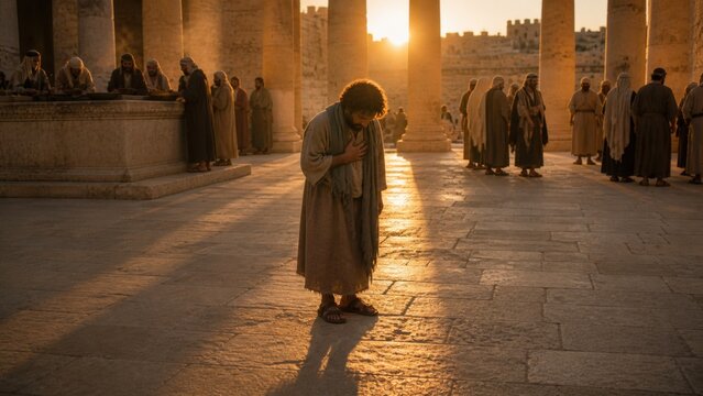 Humble man praying in an ancient temple courtyard. Biblical parable of the repentant tax collector seeking mercy, contrasted with religious worshippers at