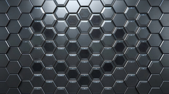 Elegant abstract background featuring a seamless hexagonal honeycomb pattern with dark metallic surfaces and bronze-edged geometric frames.
