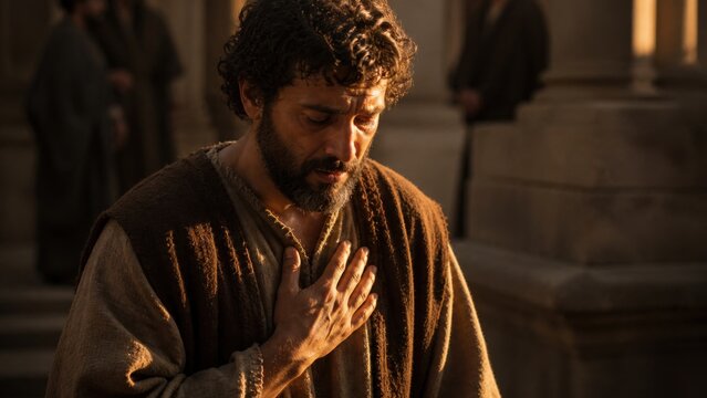Repentant man praying with hand over heart inside an ancient temple. Biblical parable of humility, mercy, and spiritual repentance. Religious faith and sincere prayer concept.