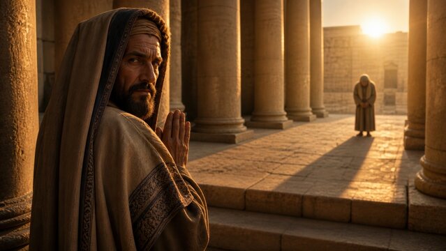 Humble man praying in ancient temple while another worshipper stands apart. Biblical parable of the Pharisee and tax collector, repentance, humility, faith, and divine mercy.