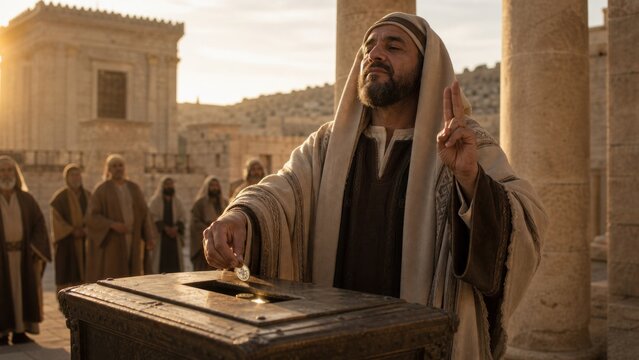 Proud Pharisee giving alms at an ancient temple offering chest. Biblical parable about humility, self righteousness, prayer, and spiritual judgment in historical Jerusalem
