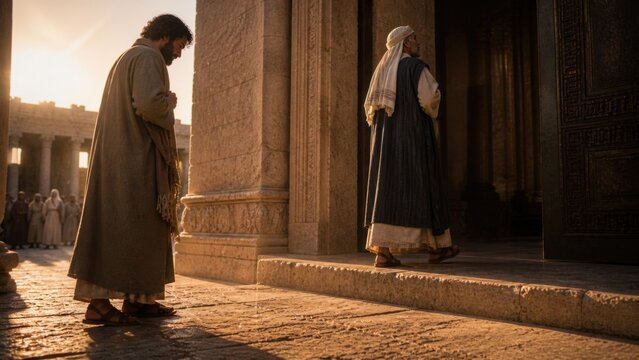 Humble man praying outside an ancient temple while a proud man enters, illustrating the biblical parable of the Pharisee and tax collector, faith, repentance, and humility