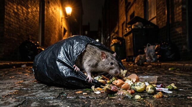 Urban Rat Foraging in Garbage Bag at Night.