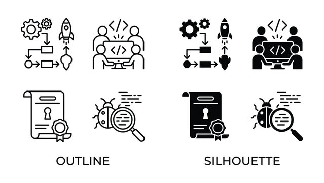 Software Development Icons: A collection of outline and silhouette icons representing software development processes, coding, teamwork, project management, and bug detection.