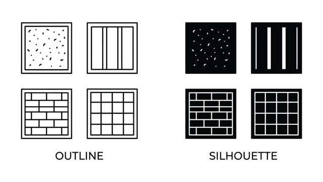 Building Material Textures: A set of graphic icons illustrating different building material textures, divided into outline and silhouette versions.