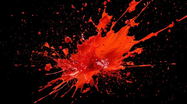 Dynamic red liquid paint splash with flying droplets and dramatic motion isolated against a black background.